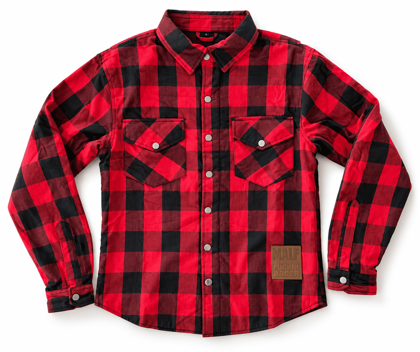 Chemise moto MALF à carreaux rouges et noirs, vue de face, avec poches poitrine à boutons-pression et patch en cuir.