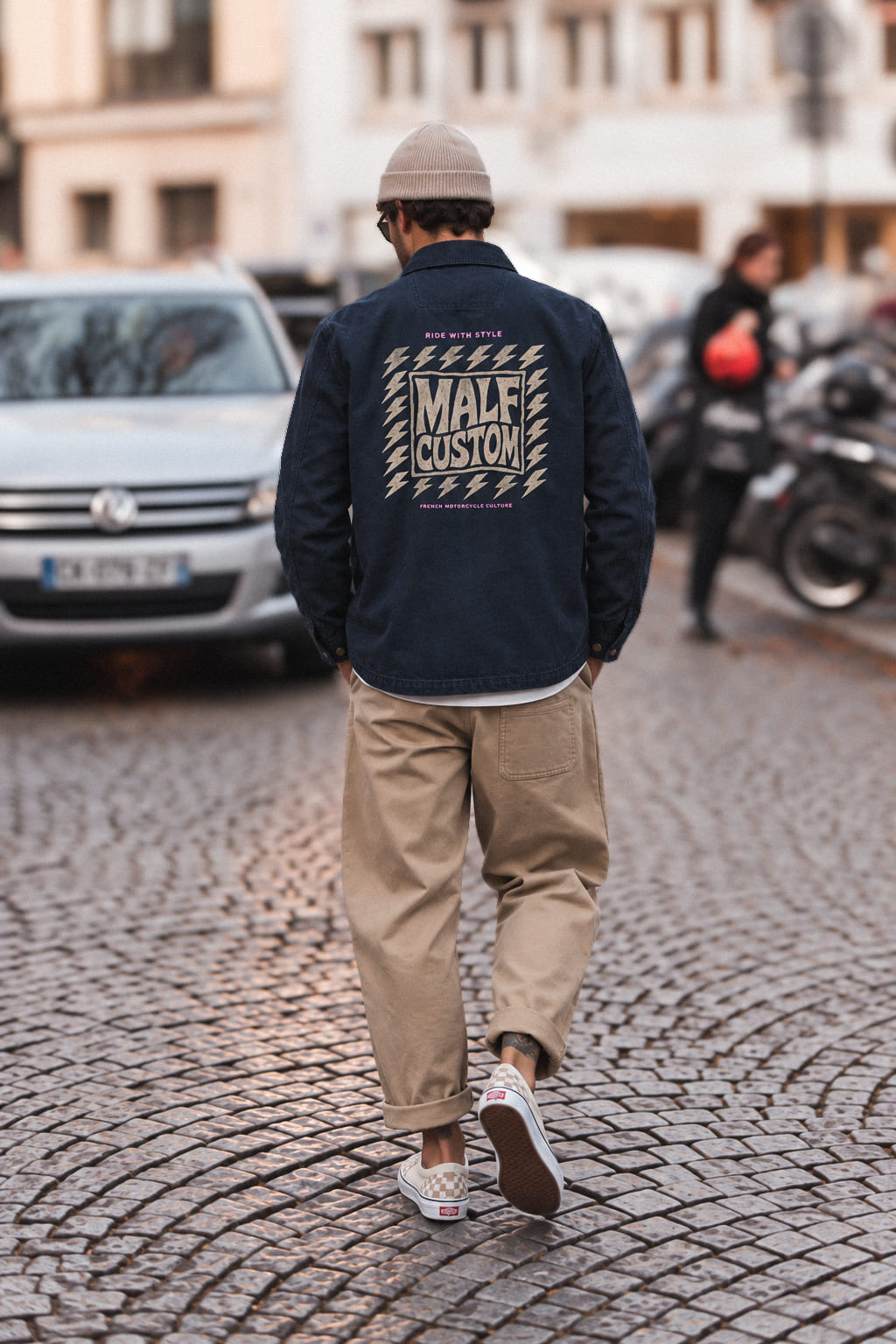 Veste moto homme MALF Custom navy – vue de dos portée